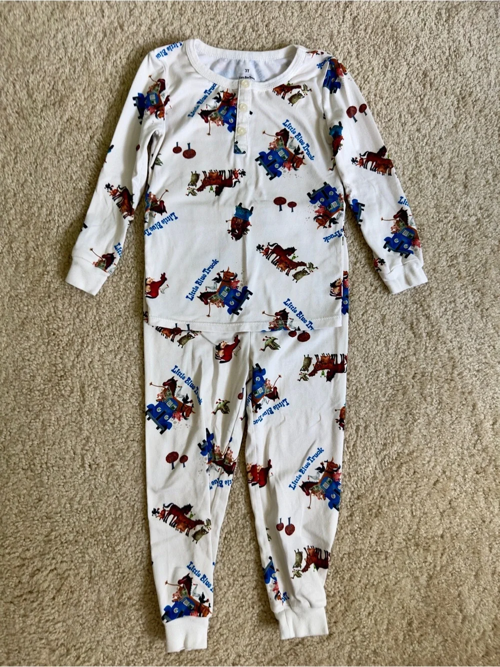 White Kids Pajama Set with Little Blue Truck Print